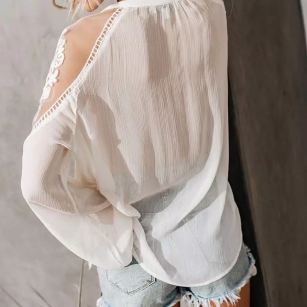 SOLD OUT White Lace Sheer Tie Front Peasant Boho Top Blouse - Picture 4 of 7